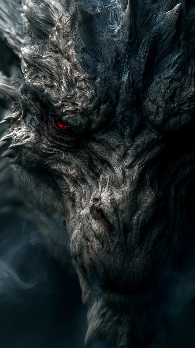 Primer plano grotesco de un rostro de dragón en descomposición con ojo rojo