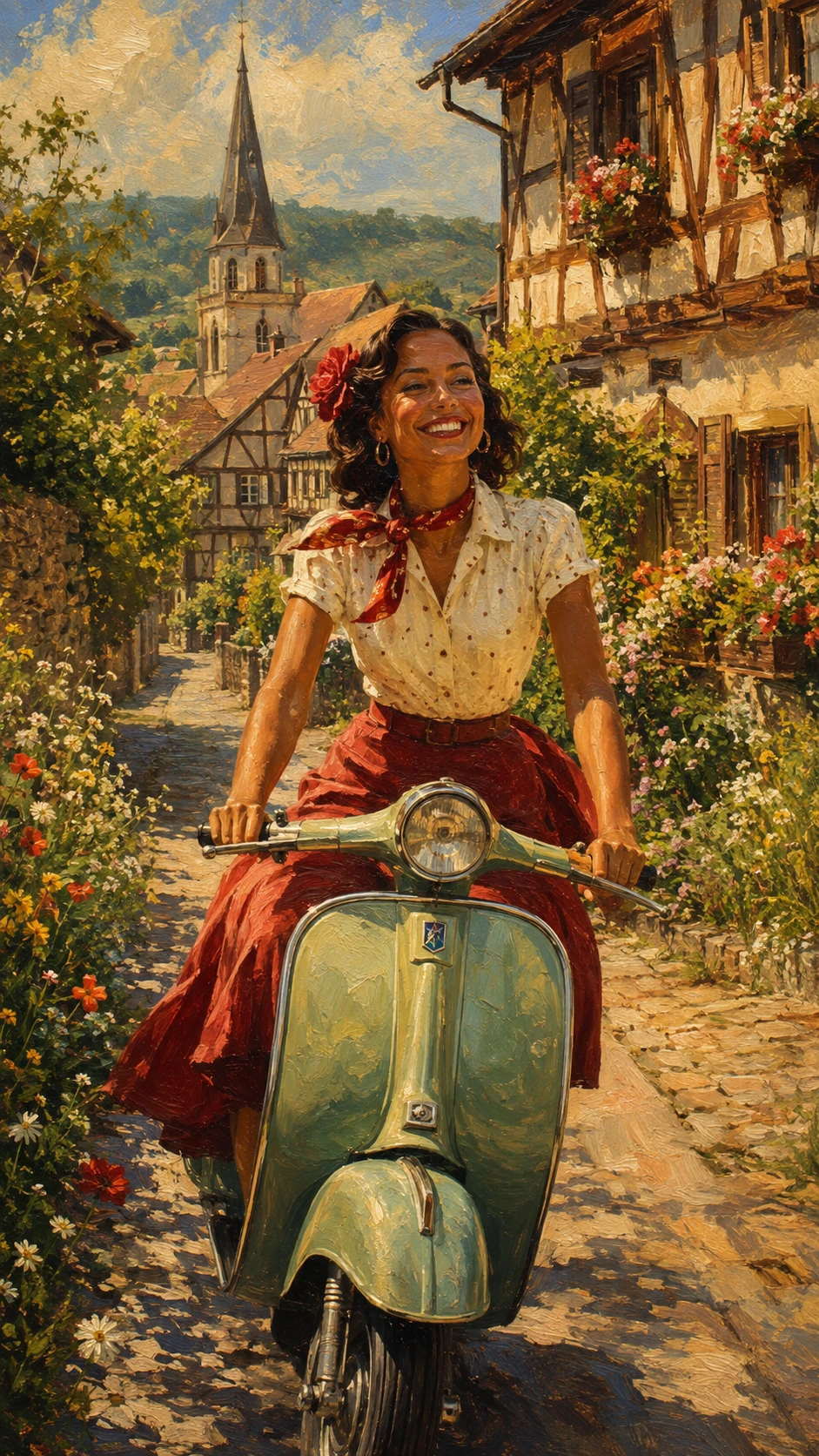 Smiling Woman On Vintage Scooter In Sunlit Village Street