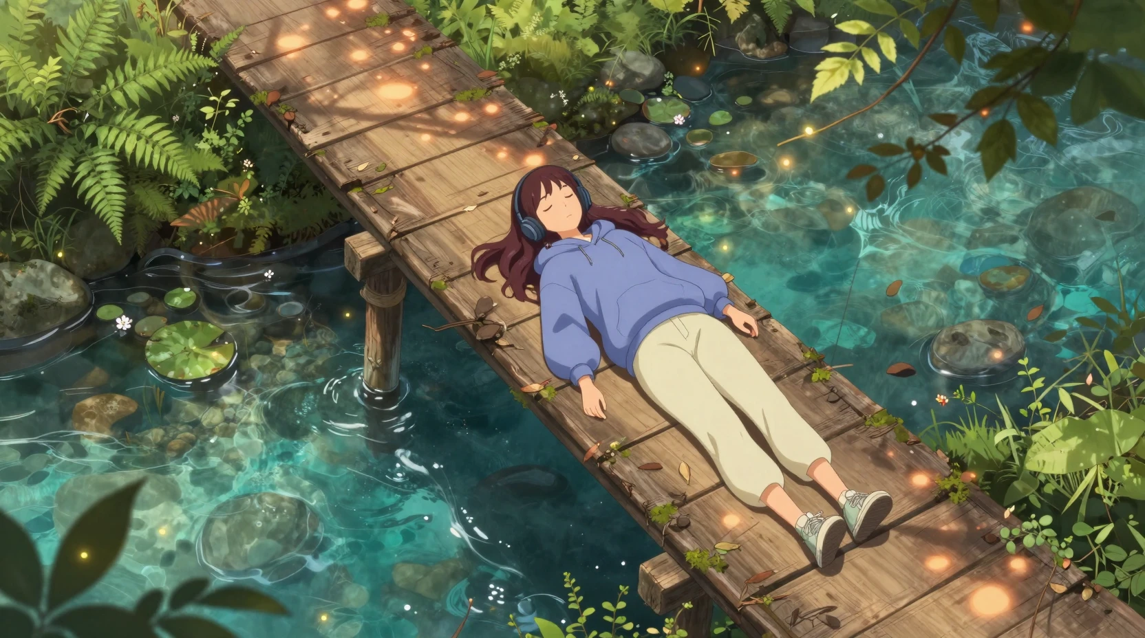 Anime woman resting on rustic bridge over forest stream