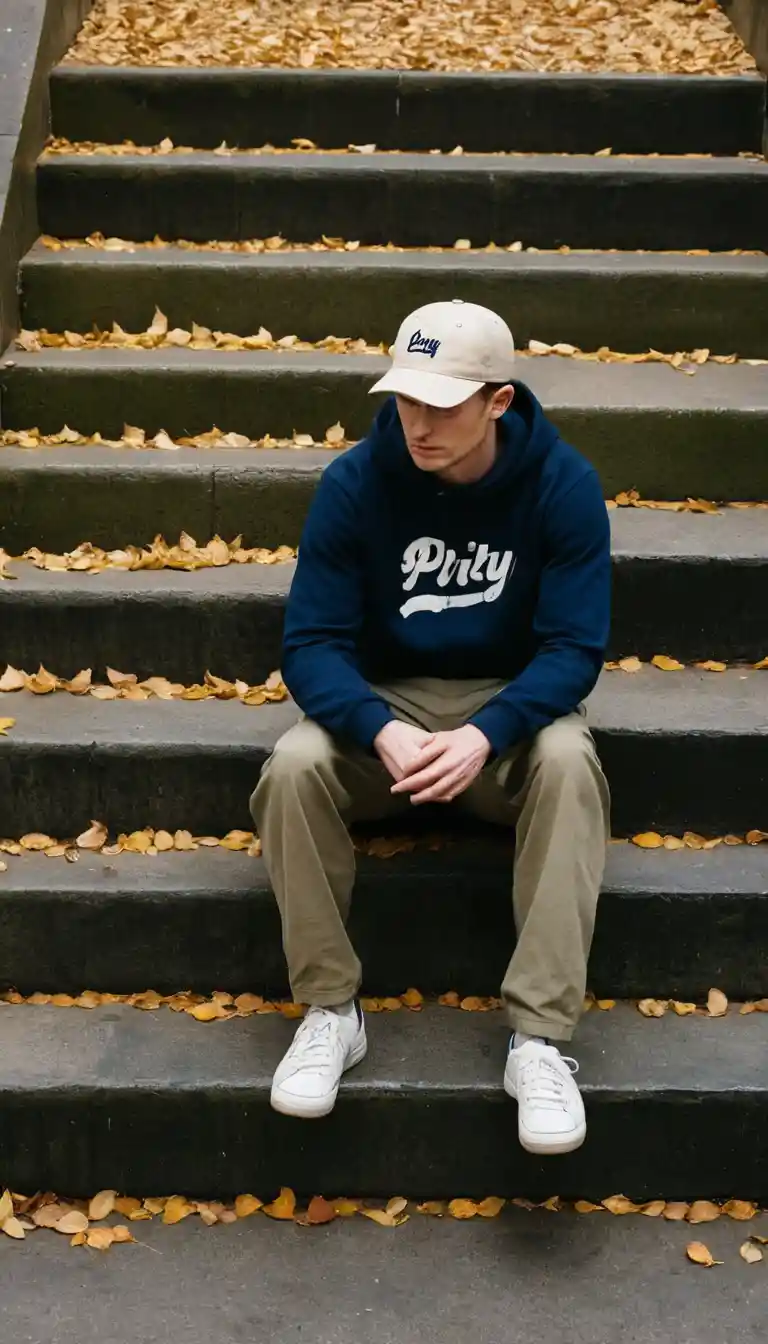 Person sitting alone on urban concrete stairs in soft light