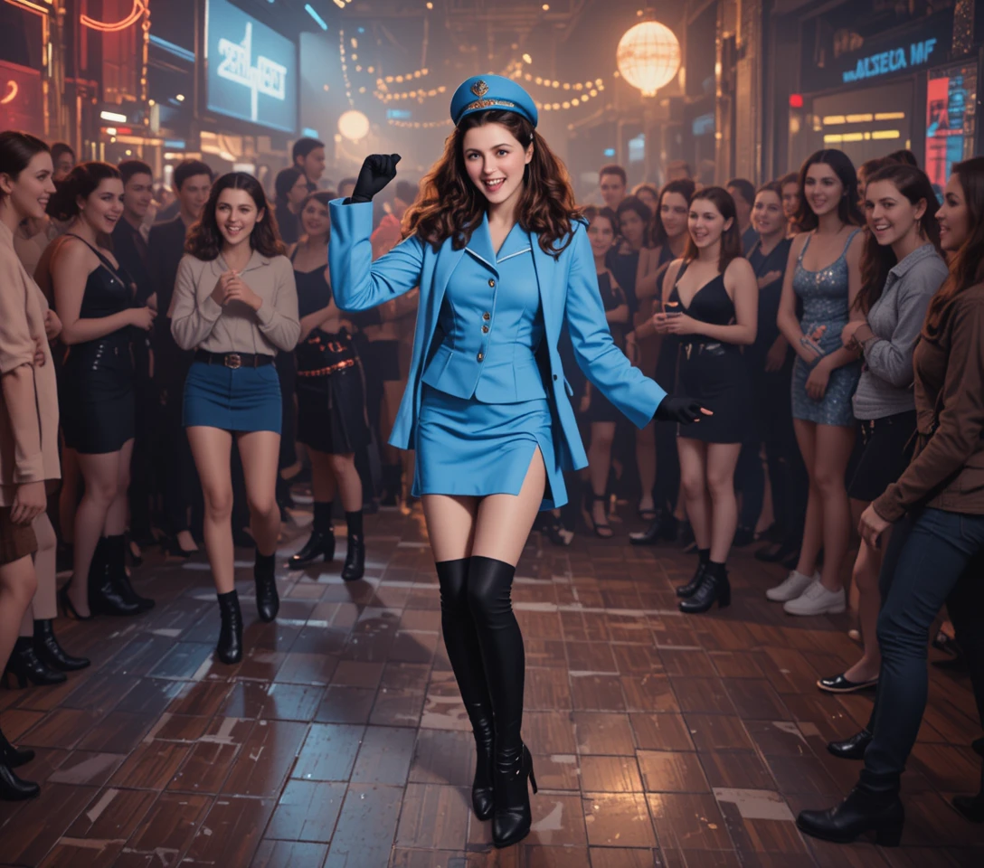 Mujer con traje azul de azafata bailando en una discoteca