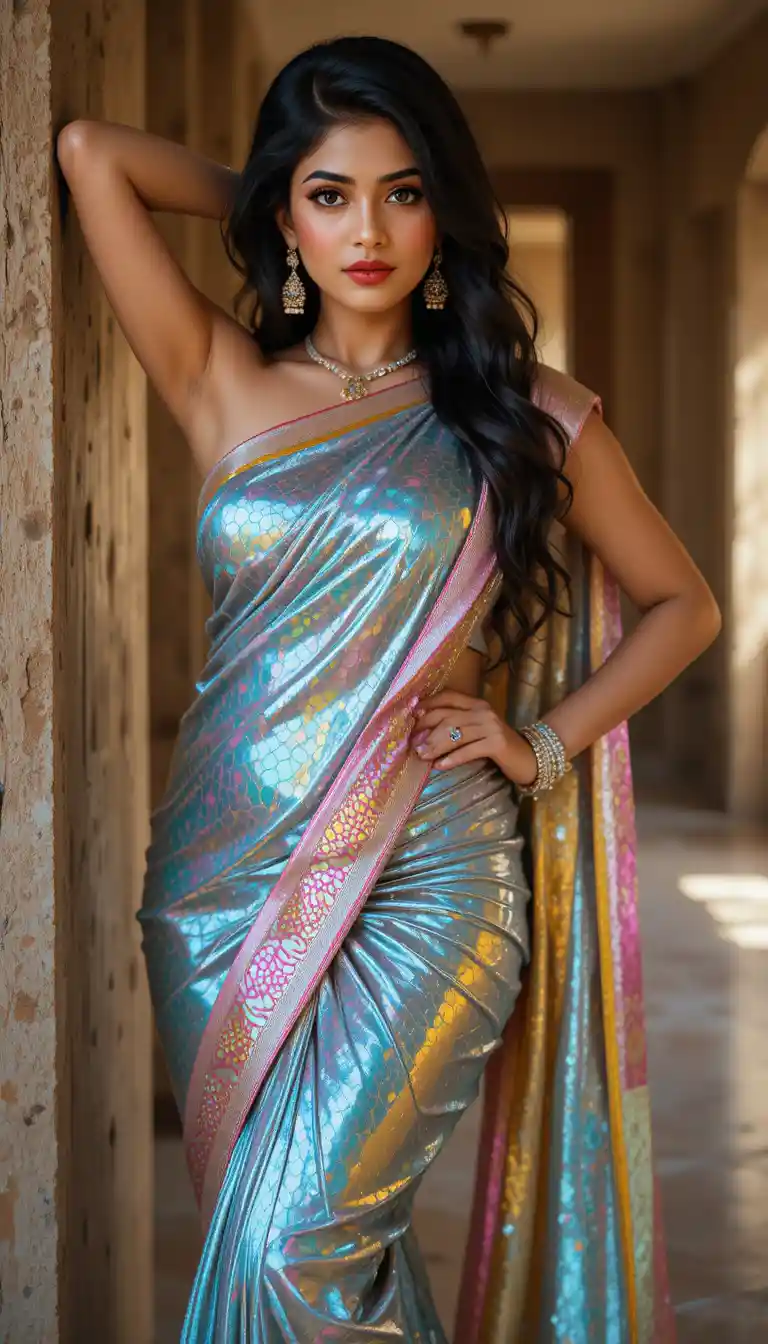 Mujer tamil con sari reflectante apoyada en una pared