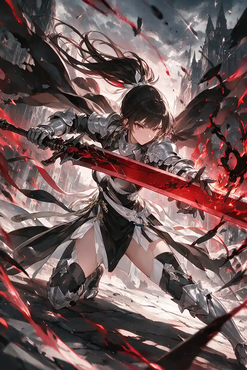 Anime knight lunging with flaming crimson greatsword