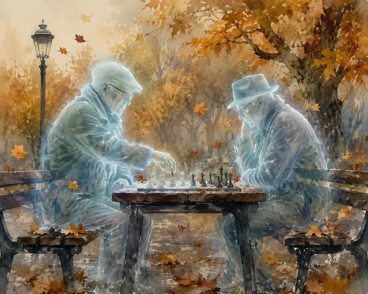 Deux silhouettes fantomatiques jouant aux échecs sur un banc de parc