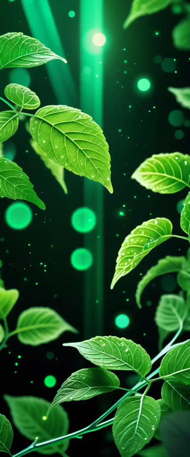 Foglia verde luminosa con particelle scintillanti nello spazio digitale