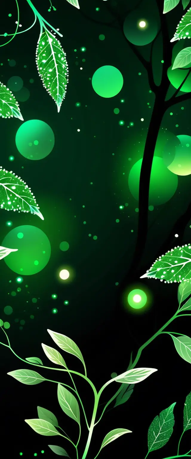 Branche de feuilles vertes lumineuses avec particules numériques scintillantes