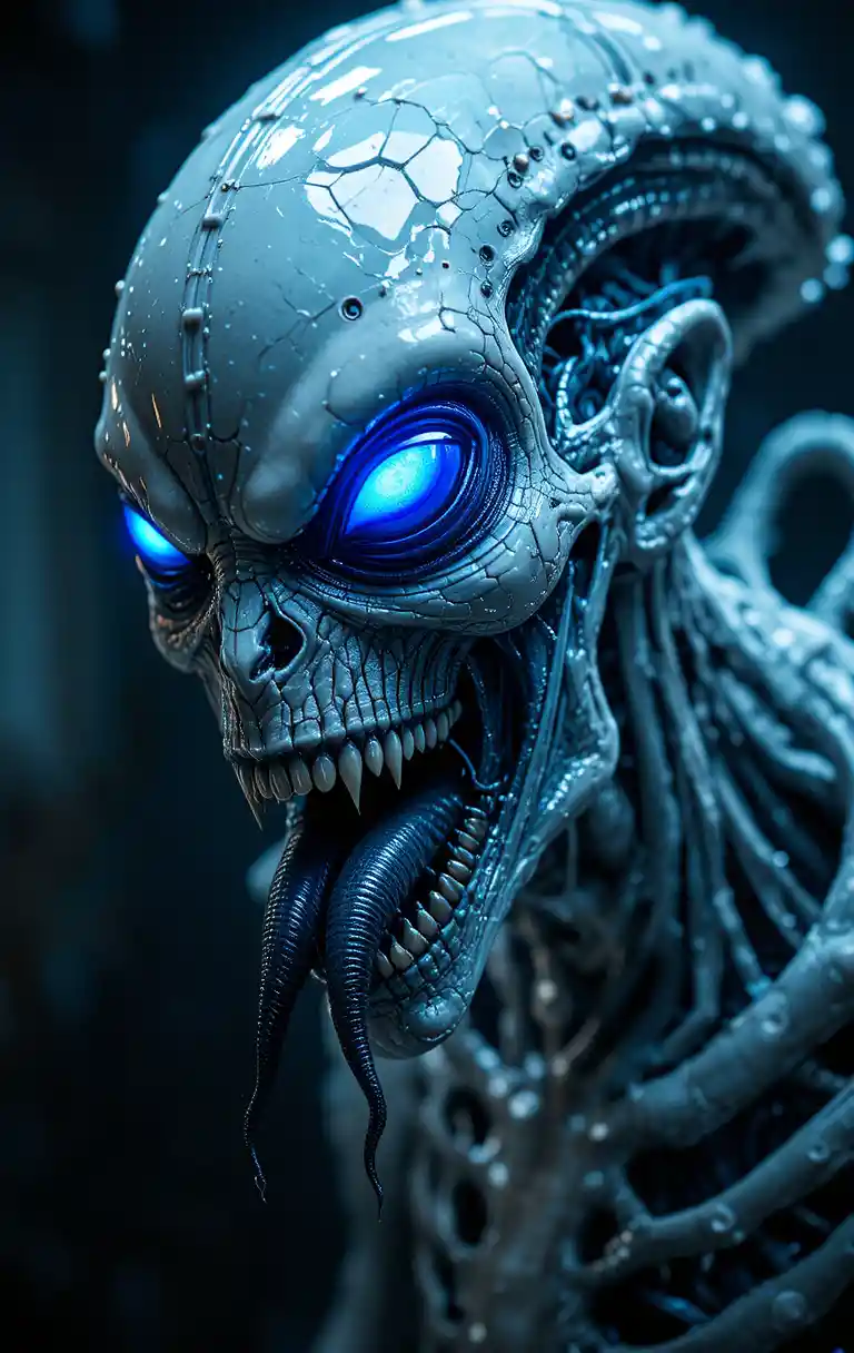 Hideous cyber monster with blue eyes and metal fangs