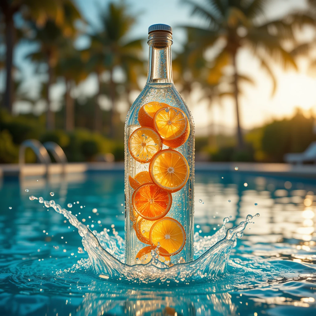 Bouteille en verre de luxe éclaboussant dans une piscine baignée de soleil