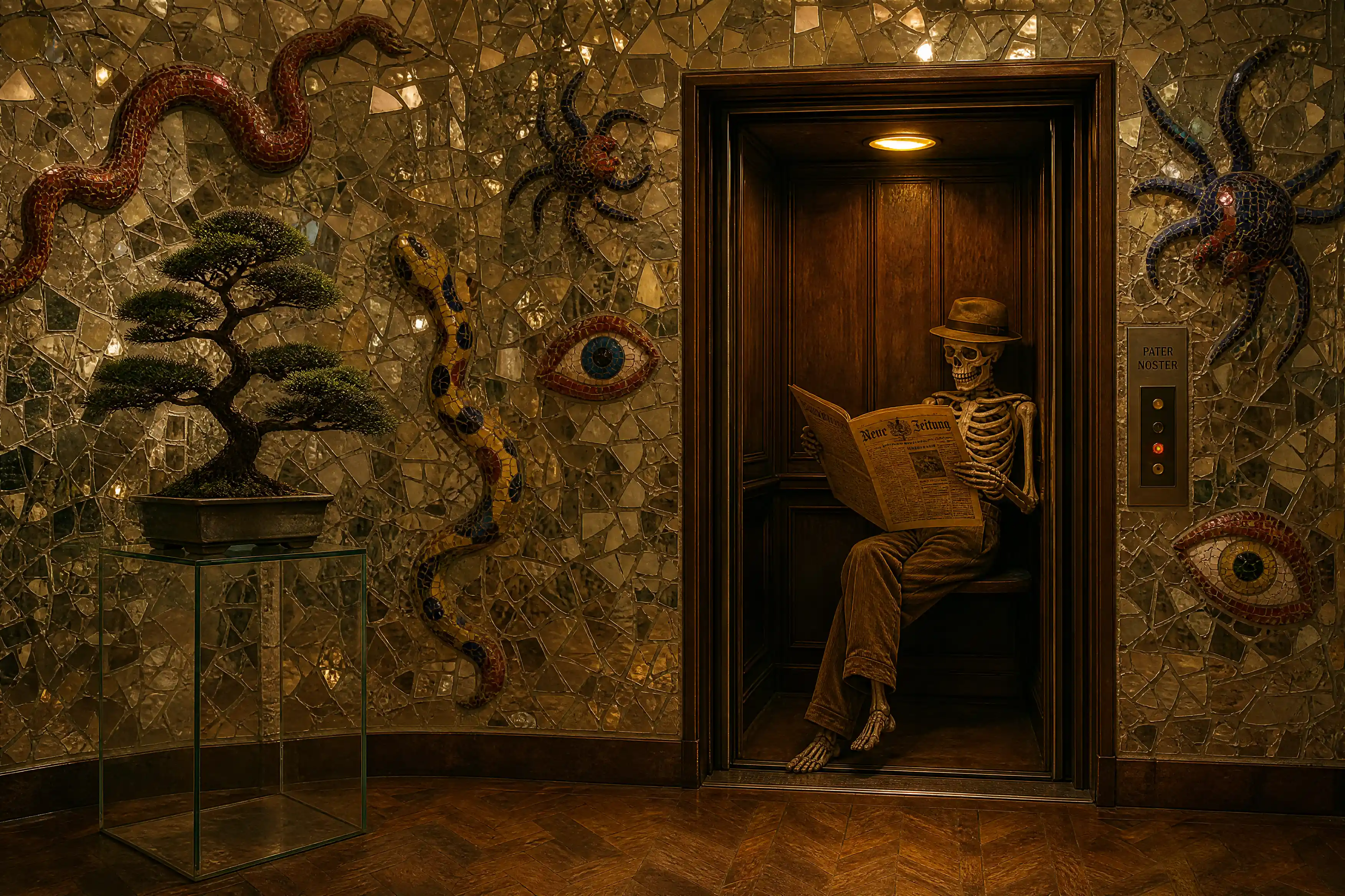 Esqueleto leyendo un periódico dentro de un antiguo paternoster de madera