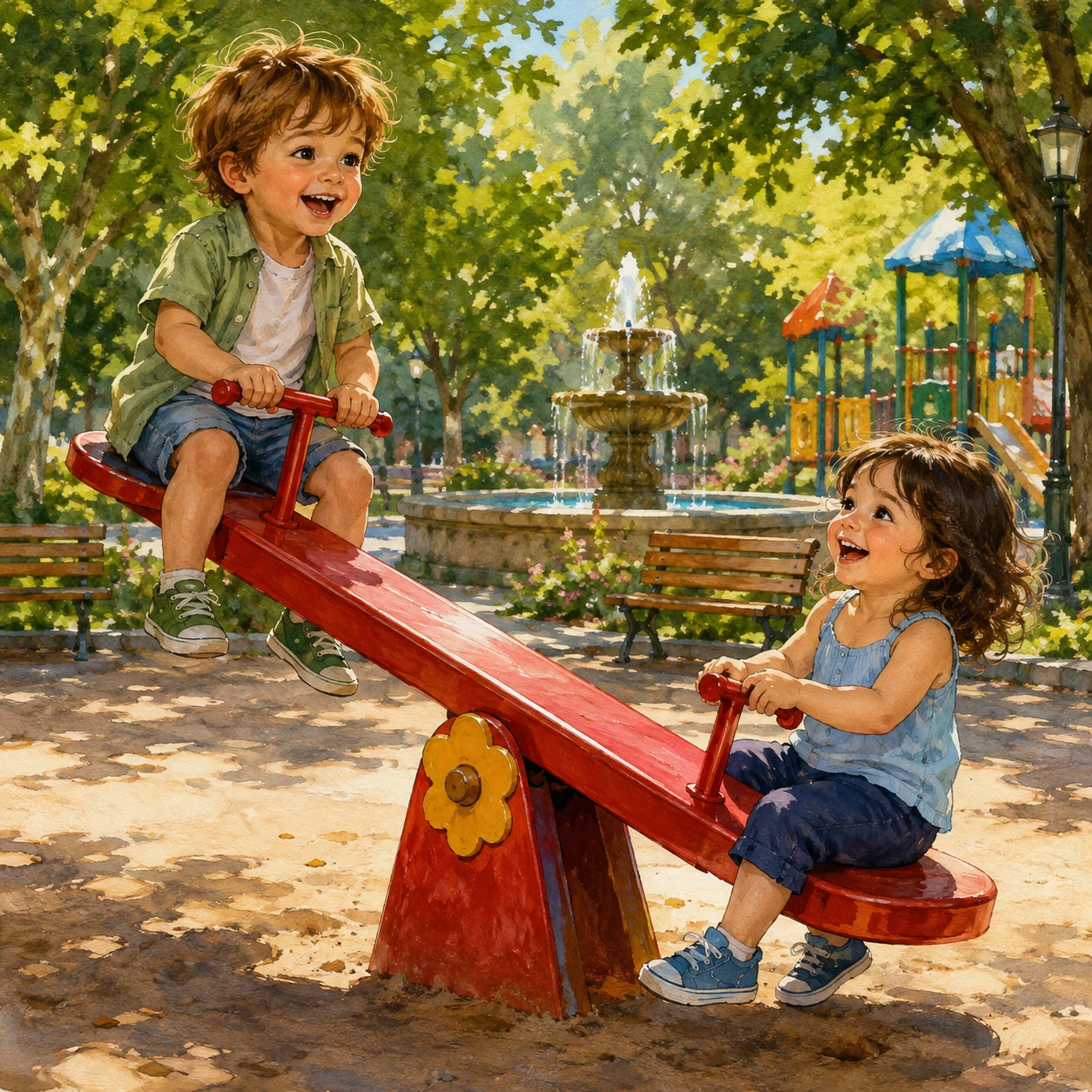 Hermano y hermana jugando en un sube y baja rojo del parque