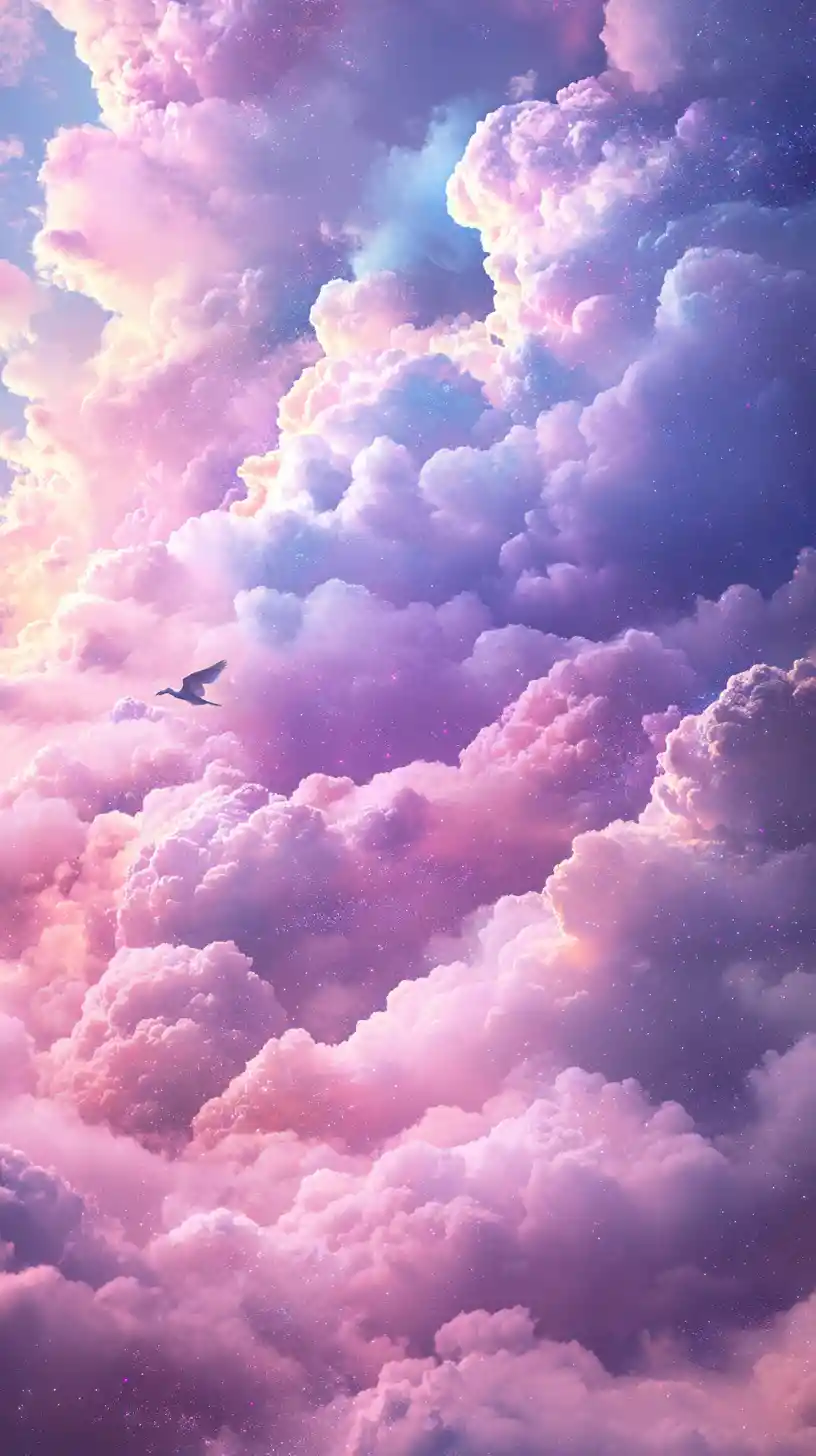 Pastel dream sky with peace doves and cotton candy clouds