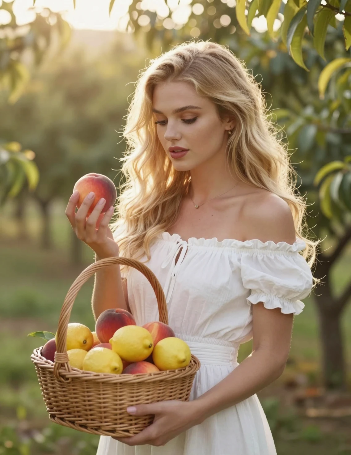 Jovem mulher com cesta de frutas em um pomar ensolarado