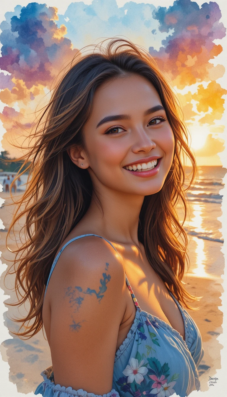 Retrato en acuarela de una mujer sonriente en la playa