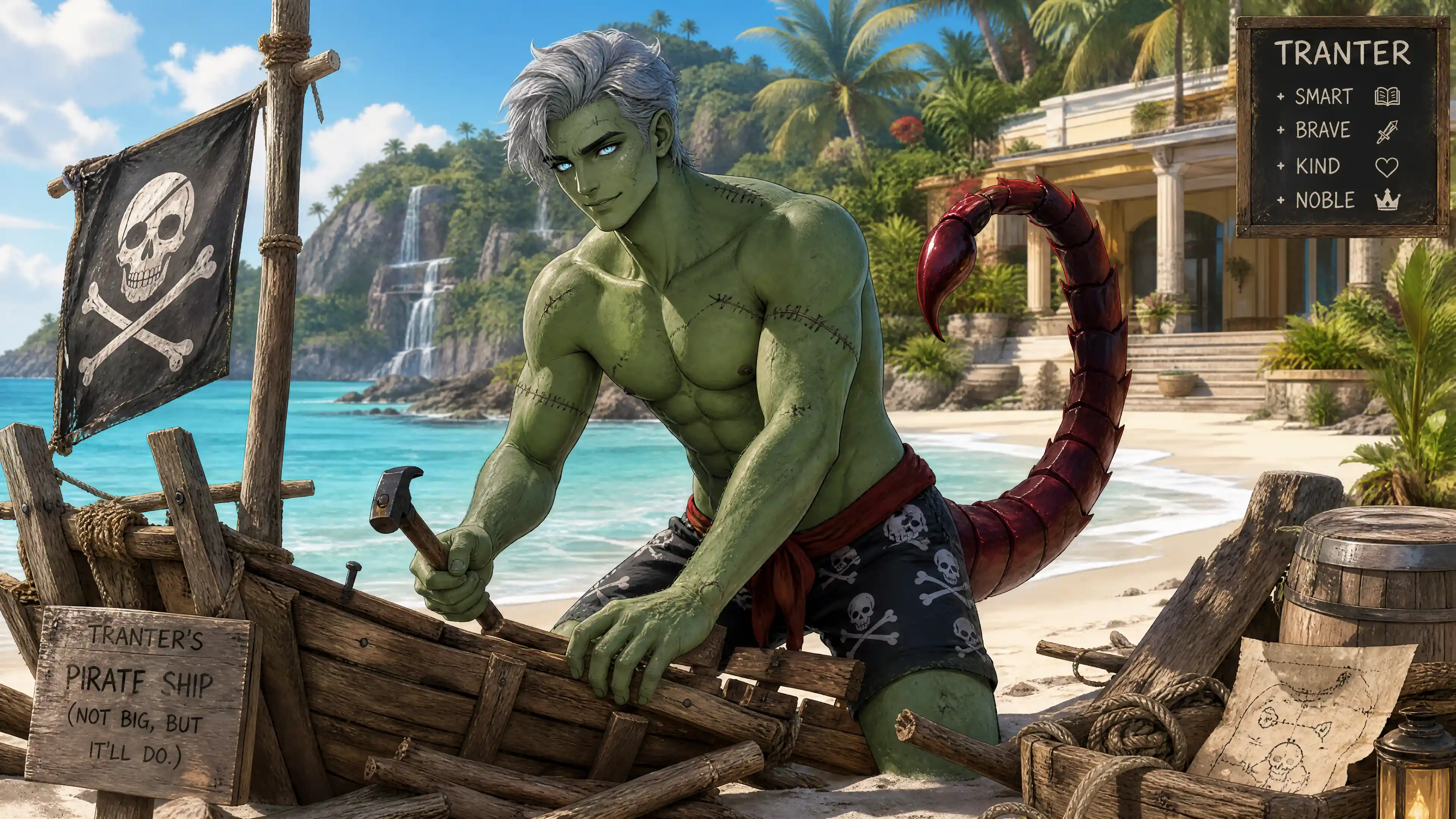 Green ghoul pirate building a wooden ship on beach