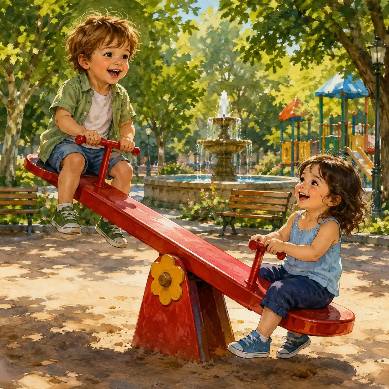 Fratello e sorella che giocano su un dondolo rosso al parco giochi