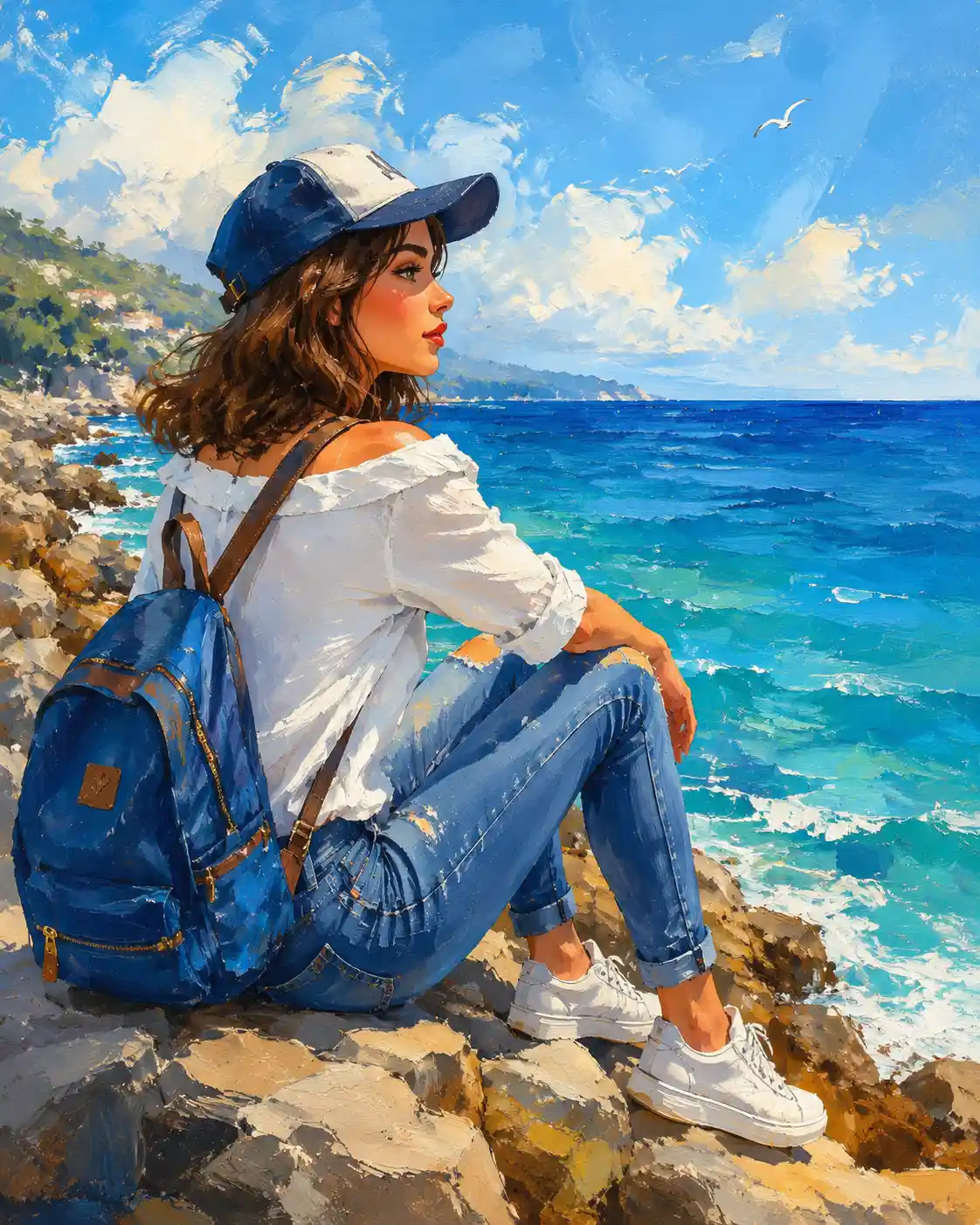 Ragazza sulla costa rocciosa che guarda il mare estivo