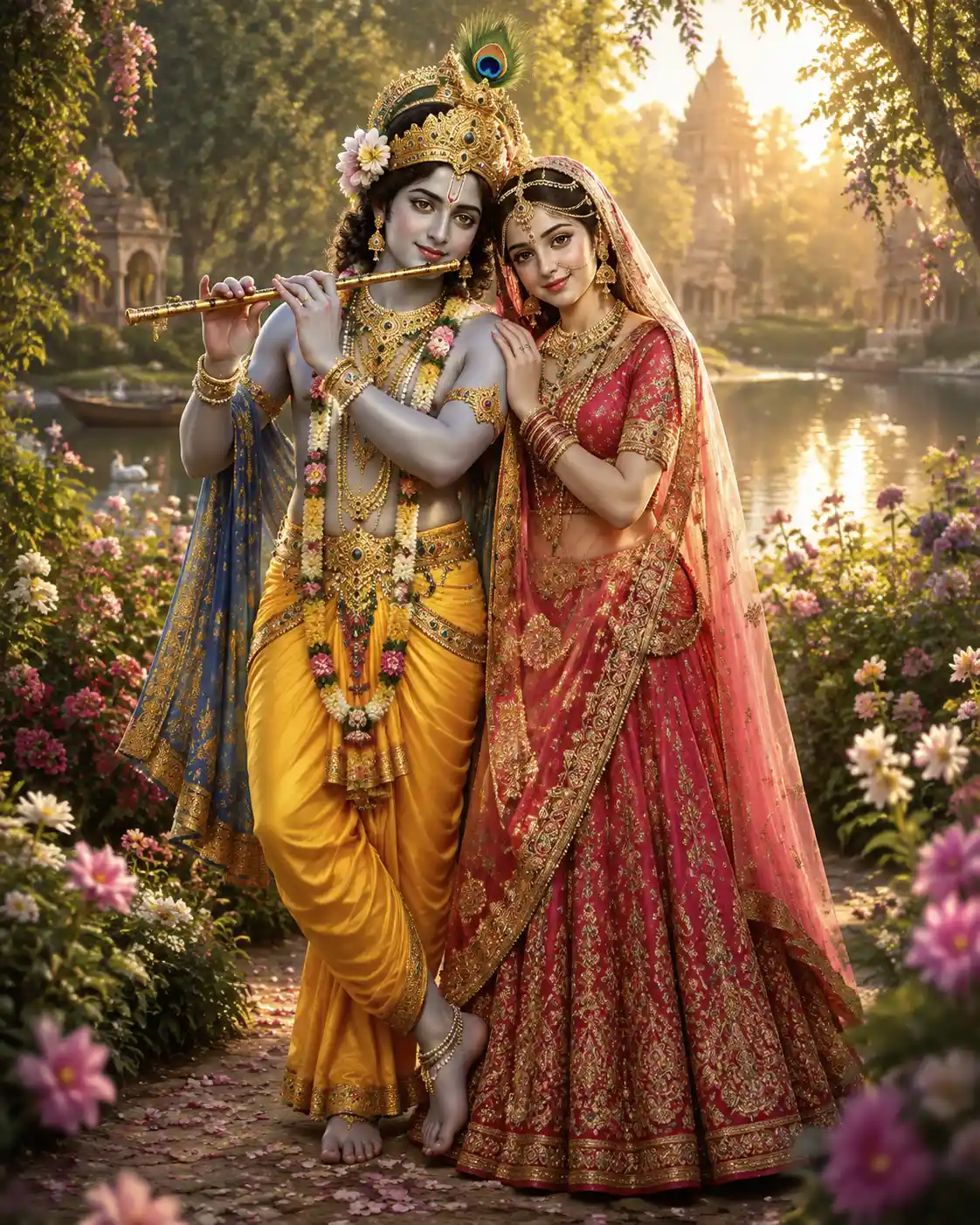 Radha e Krishna em um sereno jardim de Vrindavan