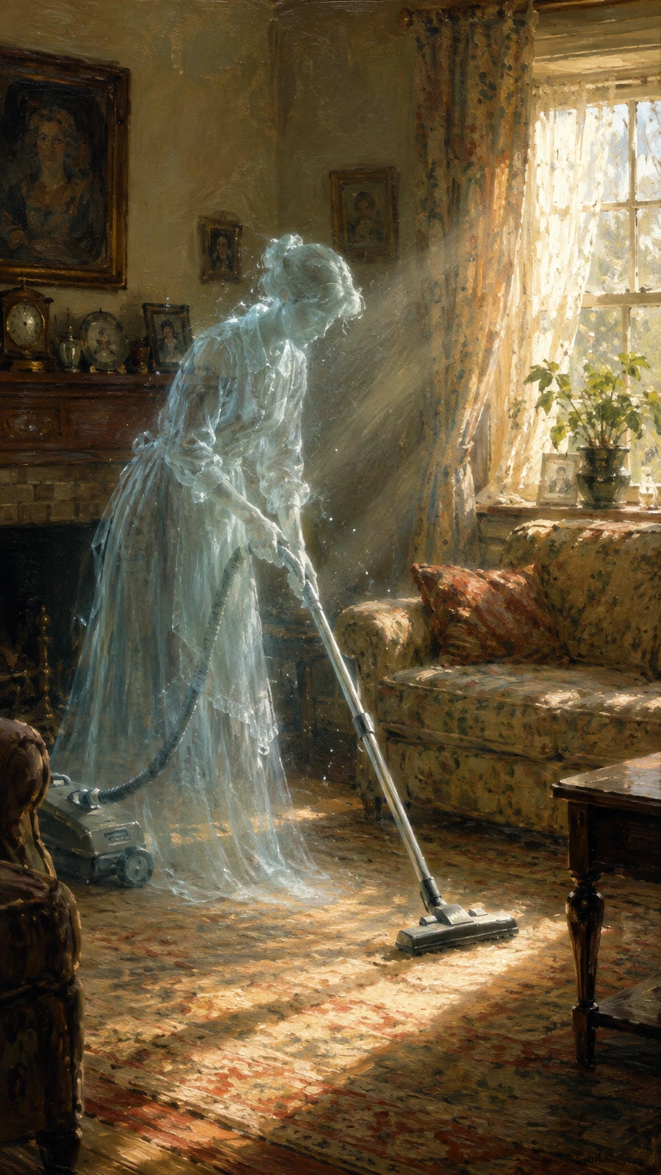 Fantôme passant l’aspirateur dans un salon ensoleillé, style peinture à l’huile