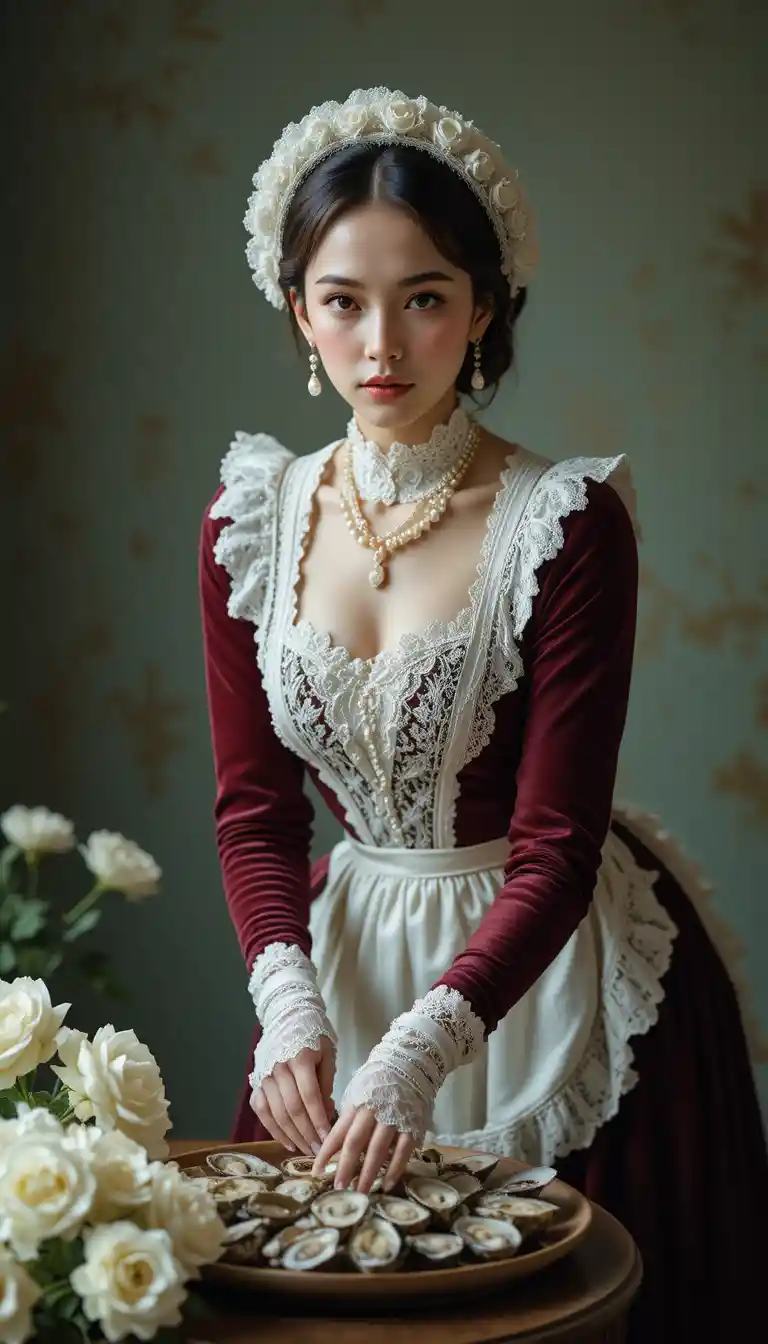 Mulher vitoriana preparando ostras em uma mesa elegante