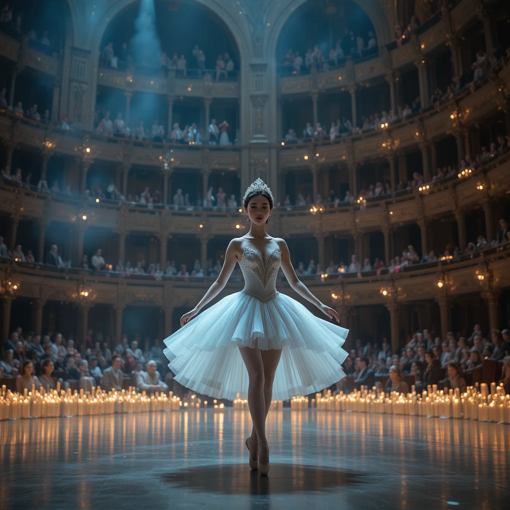 Ballerina in tutu on candlelit grand theater stage