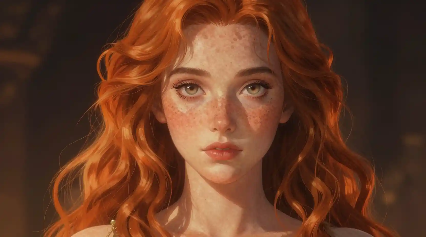 Surreal anime portrait of a freckled woman in warm golden light
