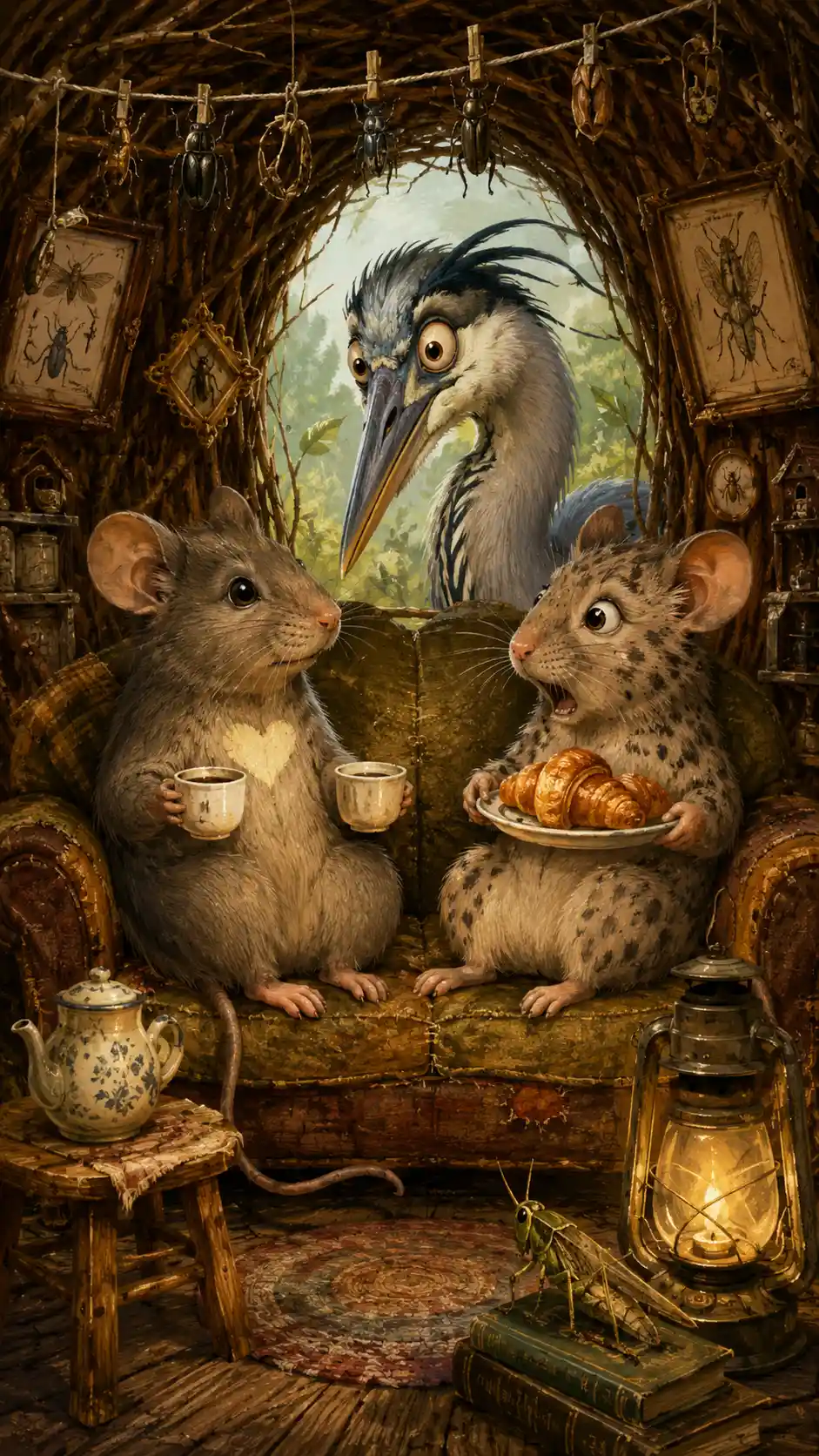 Whimsical mice on a sofa in a rustic twig home