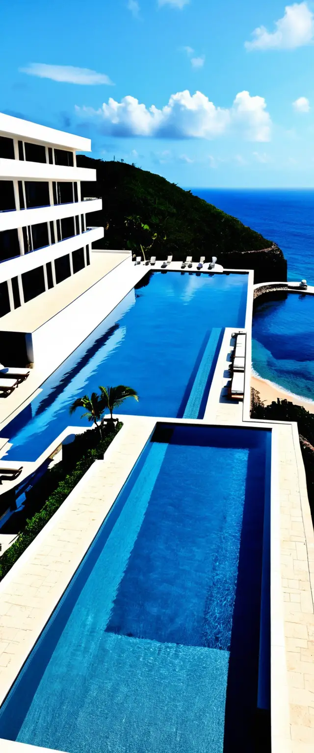 Modern beach resort building with pool and open window view