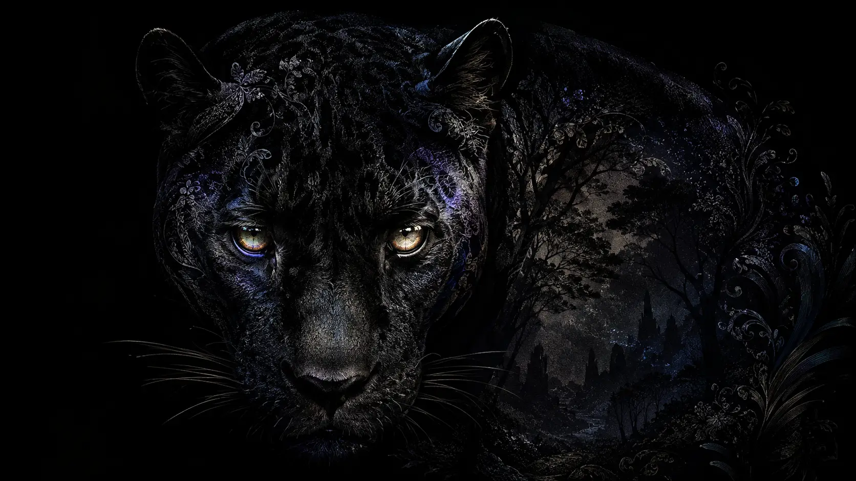 Black panther portrait emerging from darkness with glowing eyes