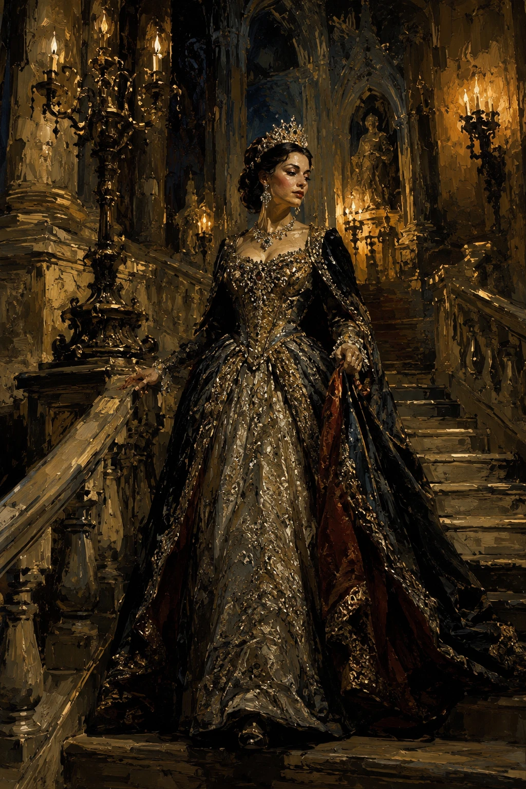 Elegant woman descending a grand staircase in a castle