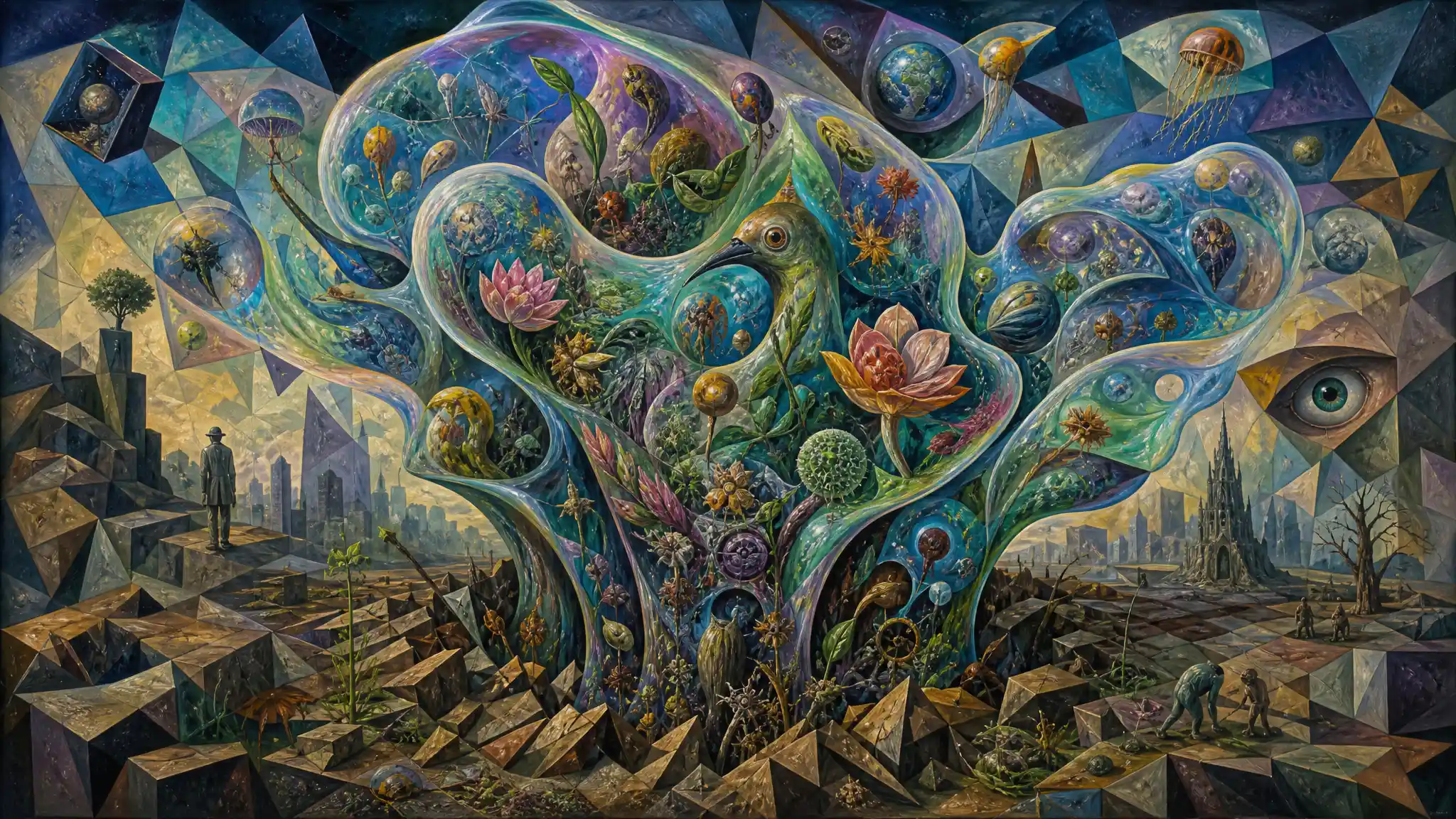 Surreal Jelly Erupting From Earth In Cubist Oil Vision