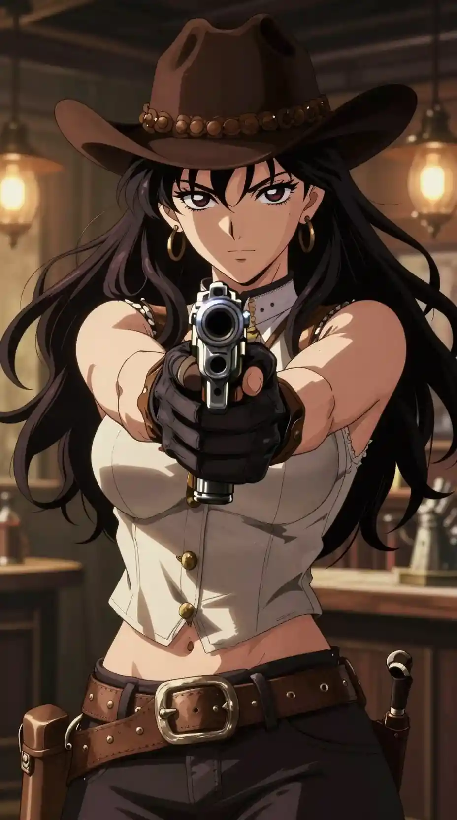 Anime-Cowgirl zielt mit Revolver im Saloon-Porträt