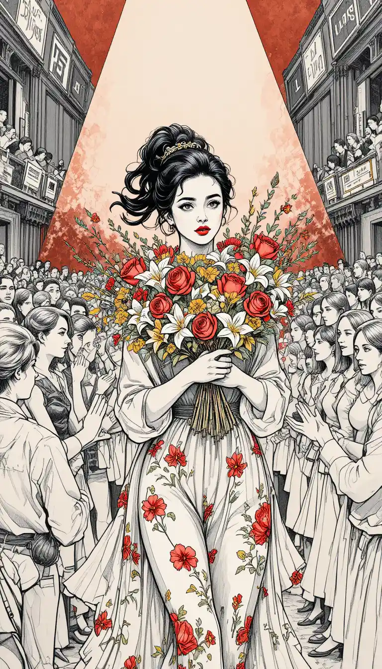 Giovane donna con bouquet che si fa strada nel backstage affollato di un concerto