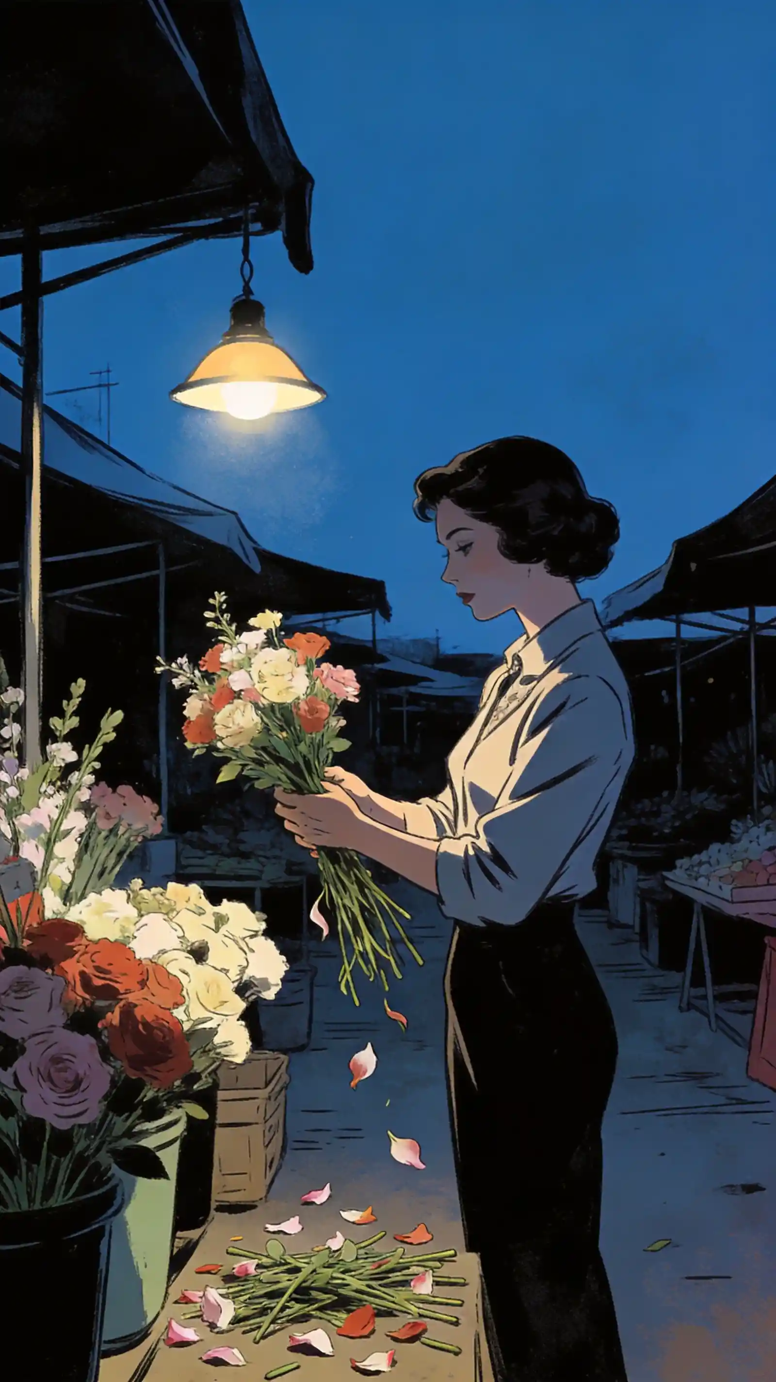 Flower seller closing a quiet outdoor market at dusk