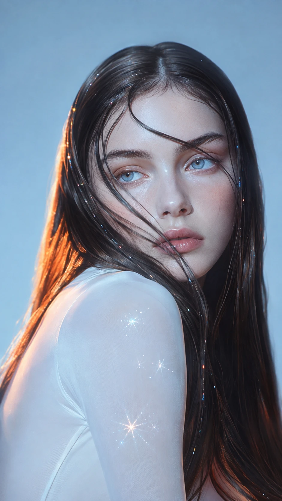 Retrato en primer plano de una mujer joven con cabello oscuro brillante