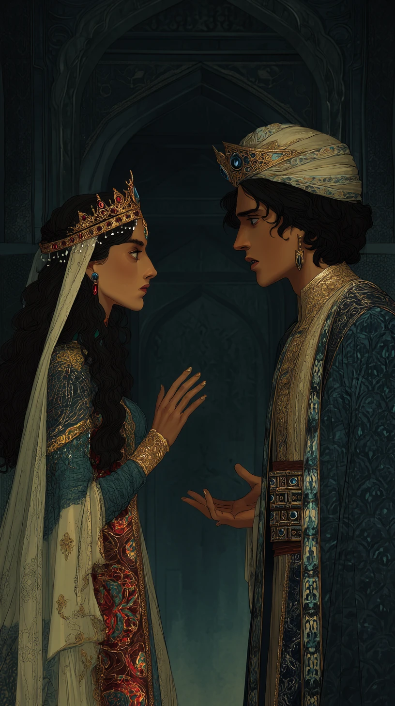 Coppia reale che si tende la mano in un palazzo oscuro