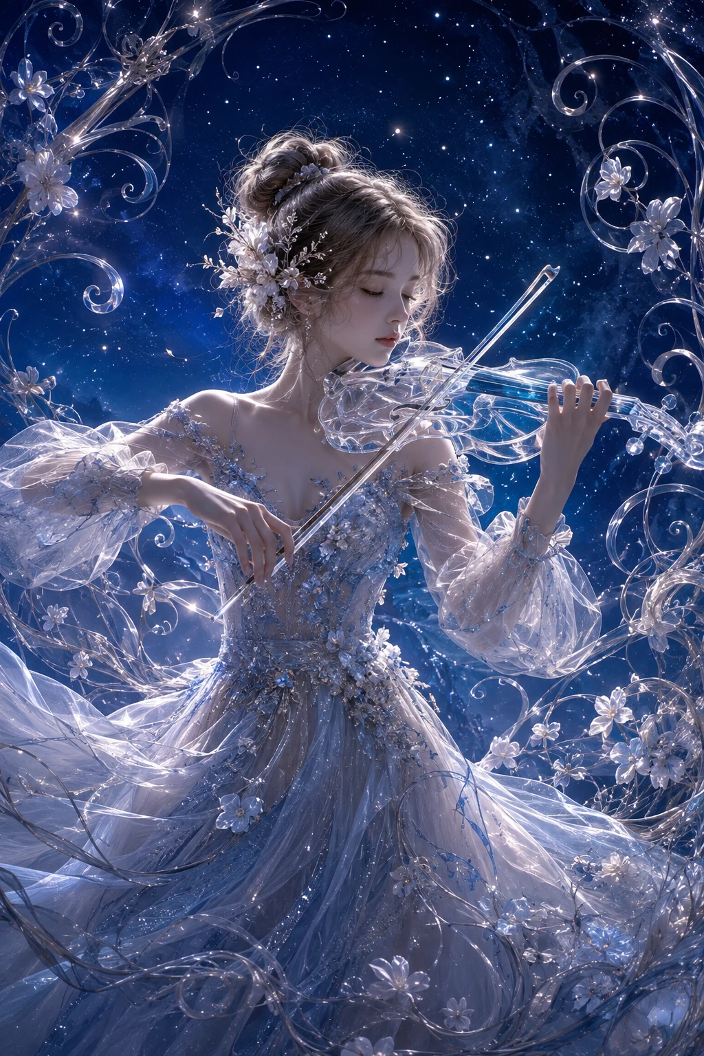 Chica etérea tocando un violín de cristal bajo un cielo azul estrellado