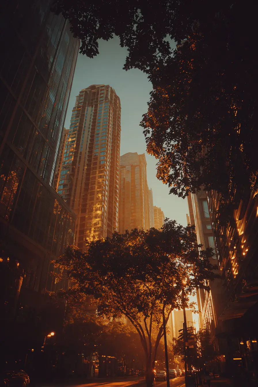 Paisaje urbano dorado al atardecer con rascacielos y farolas