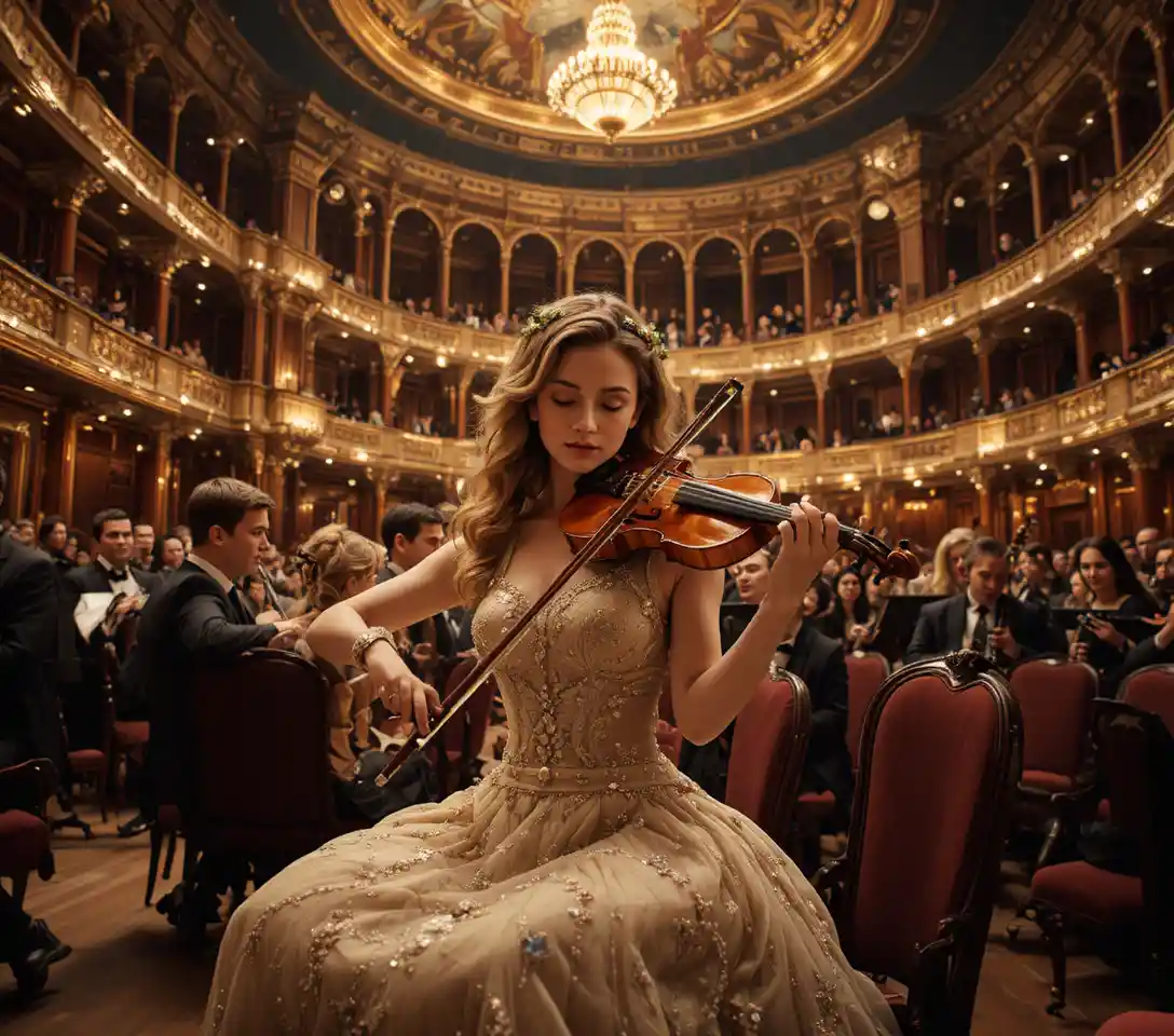 Female cellist performing in a grand Paris orchestra