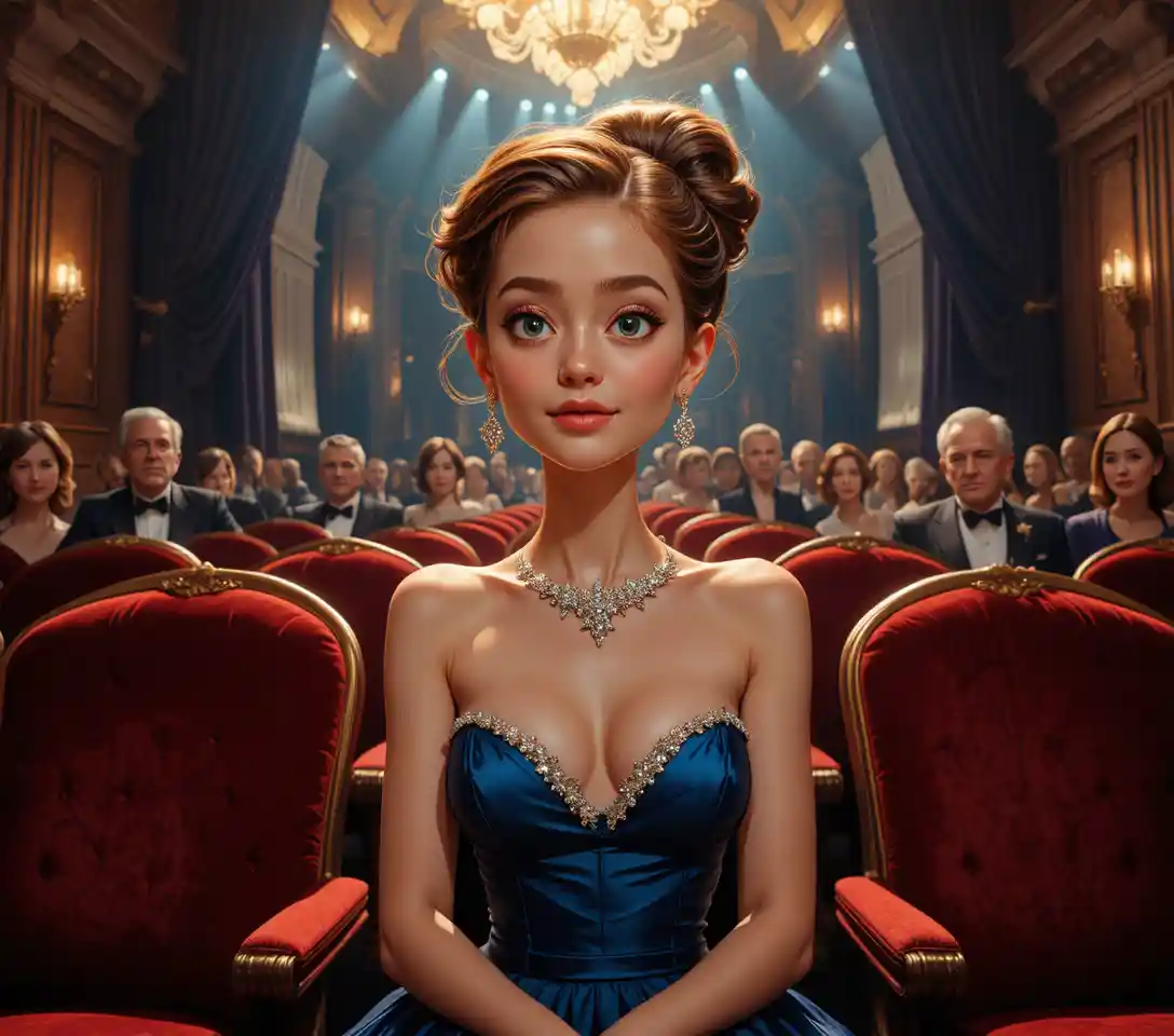 Young woman in blue evening dress in elegant theater