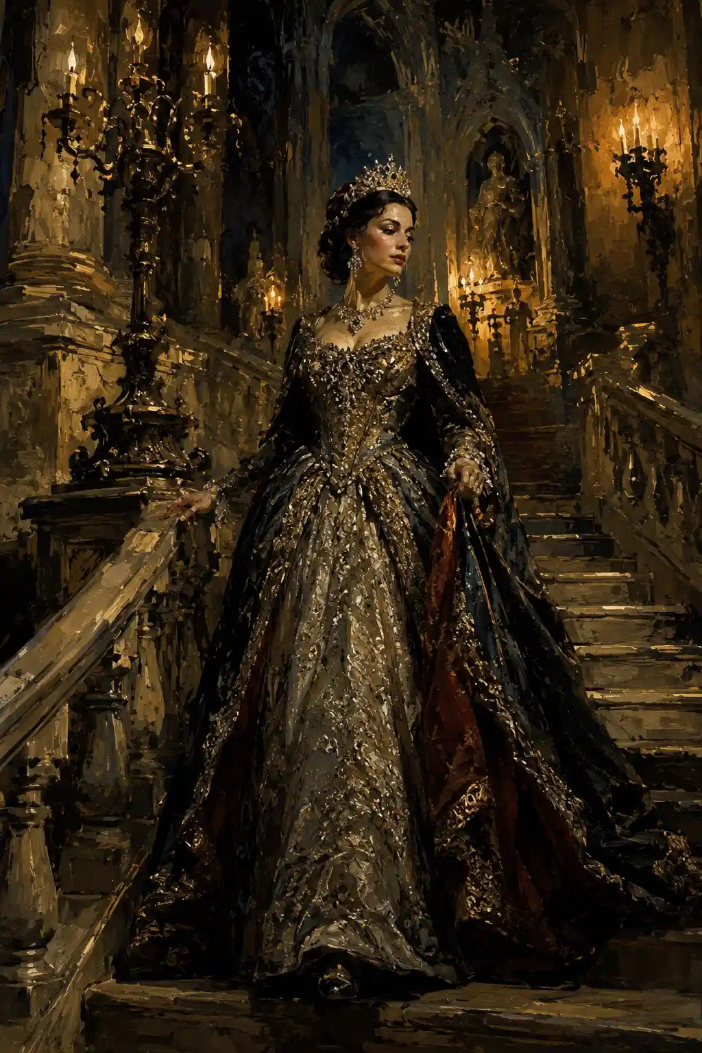Elegant woman descending a grand staircase in a castle
