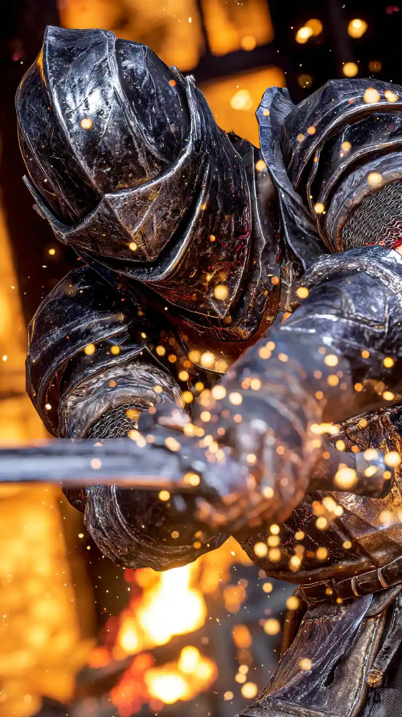 Armored knight unleashing a fiery sword strike in ruins