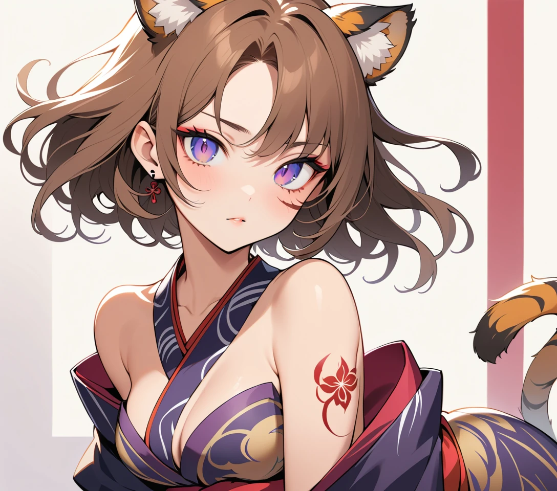 Mujer tigre mística en kimono deconstruido con ojos violeta