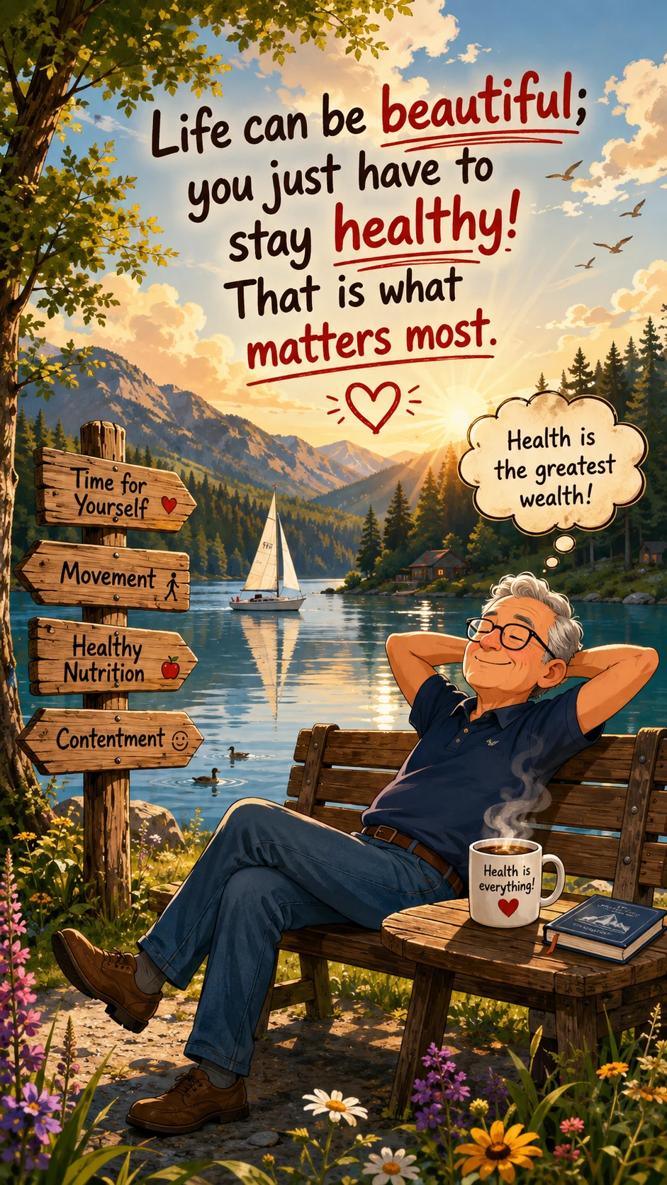 Older man relaxing on a bench by a golden lake