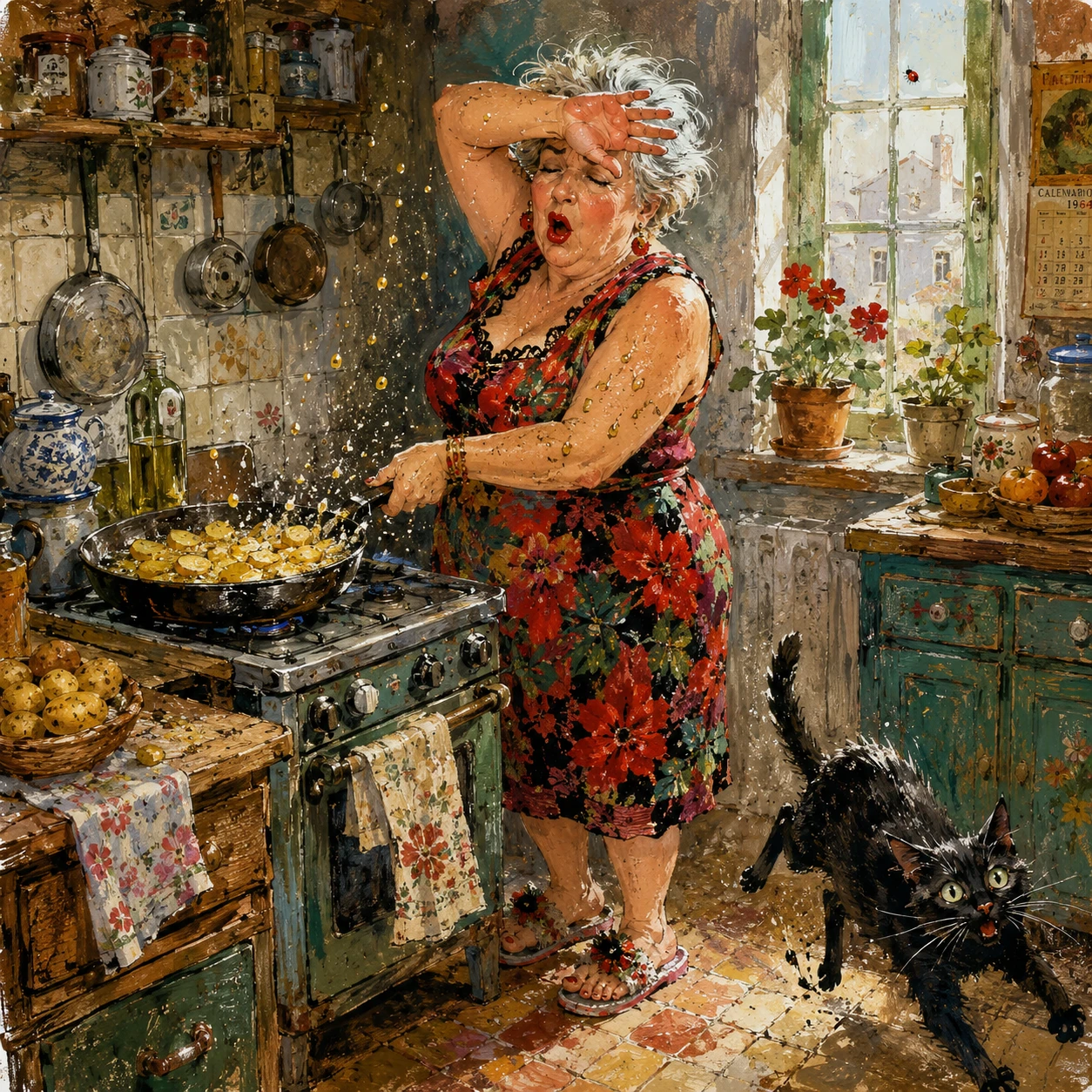 Reife Frau brät Kartoffeln in einer überladenen Vintage-Küche