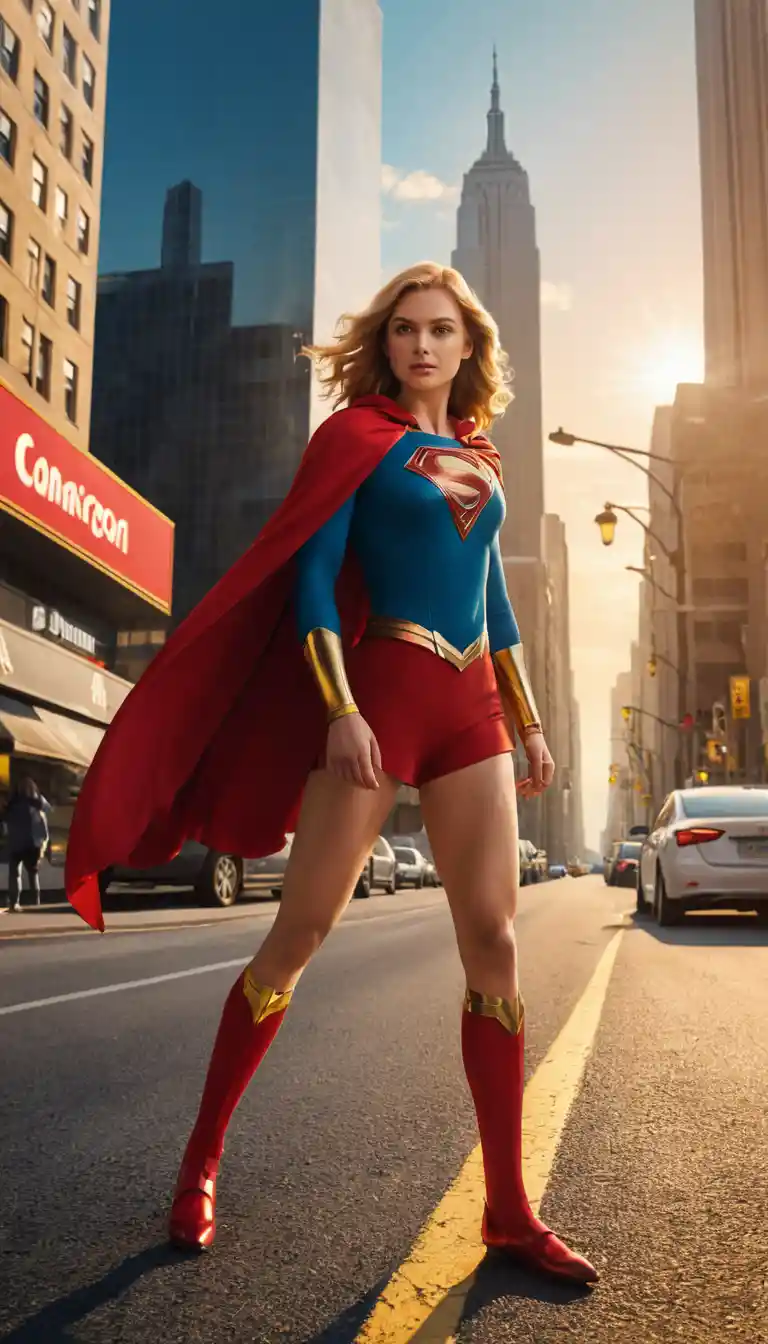 Mujer de pie en una calle de ciudad en una escena heroica de campaña 3D