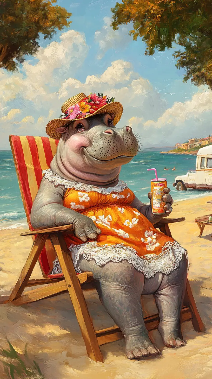 Anthropomorphic Hippo Relaxing At Sunny Beach Campsite