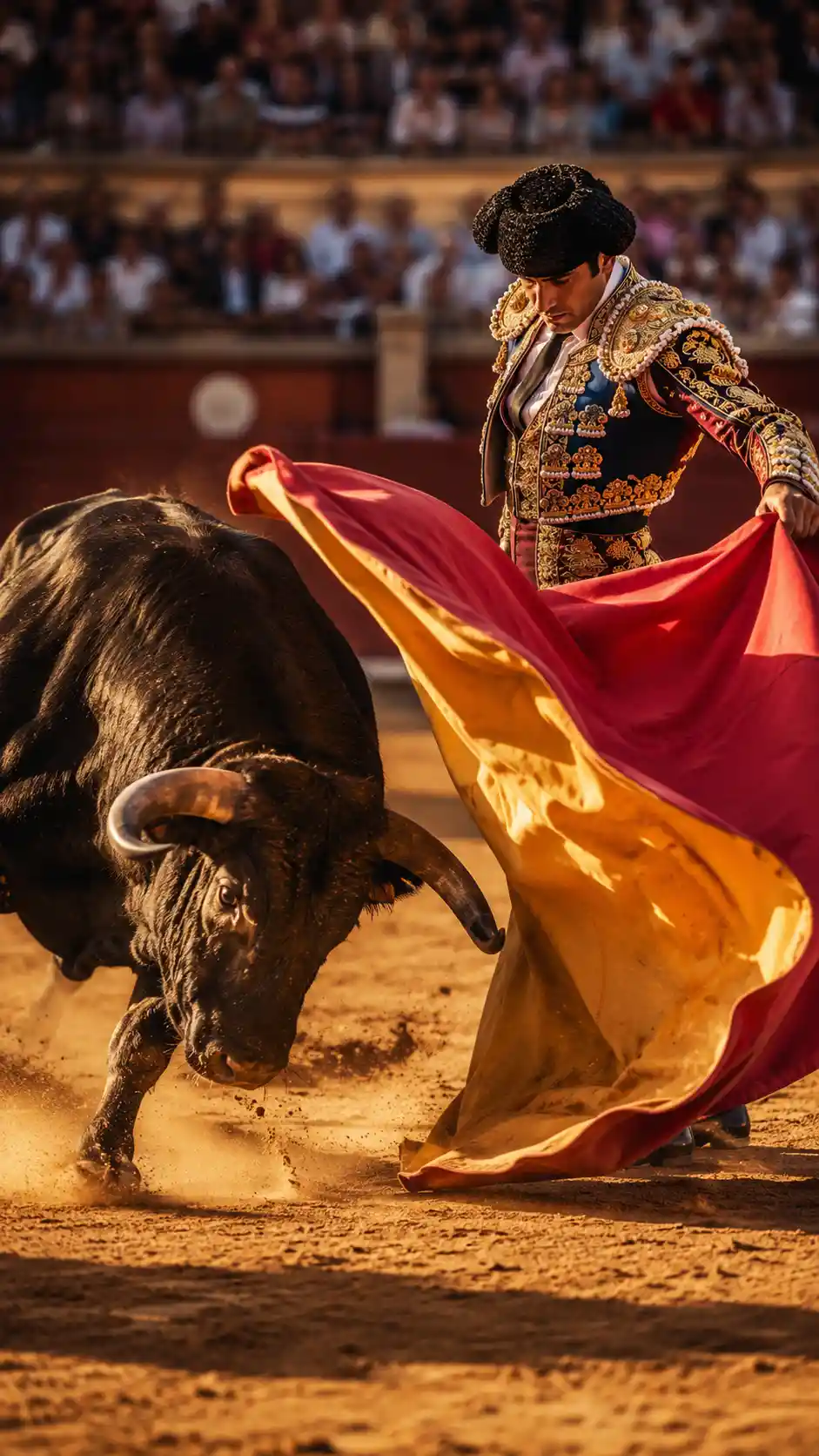 Charging bull and matador in a sunlit Spanish bullring