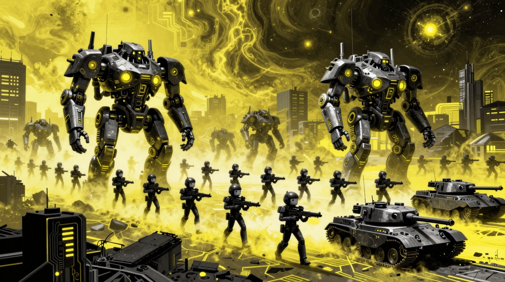 Tanques blindados e mechs patrulhando uma cidade sci‑fi em ruínas