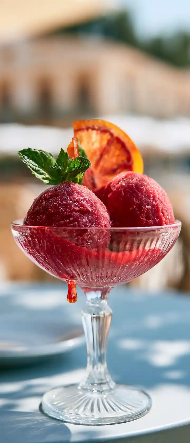 Colorful sorbet dessert in crystal glass at sunny cafe
