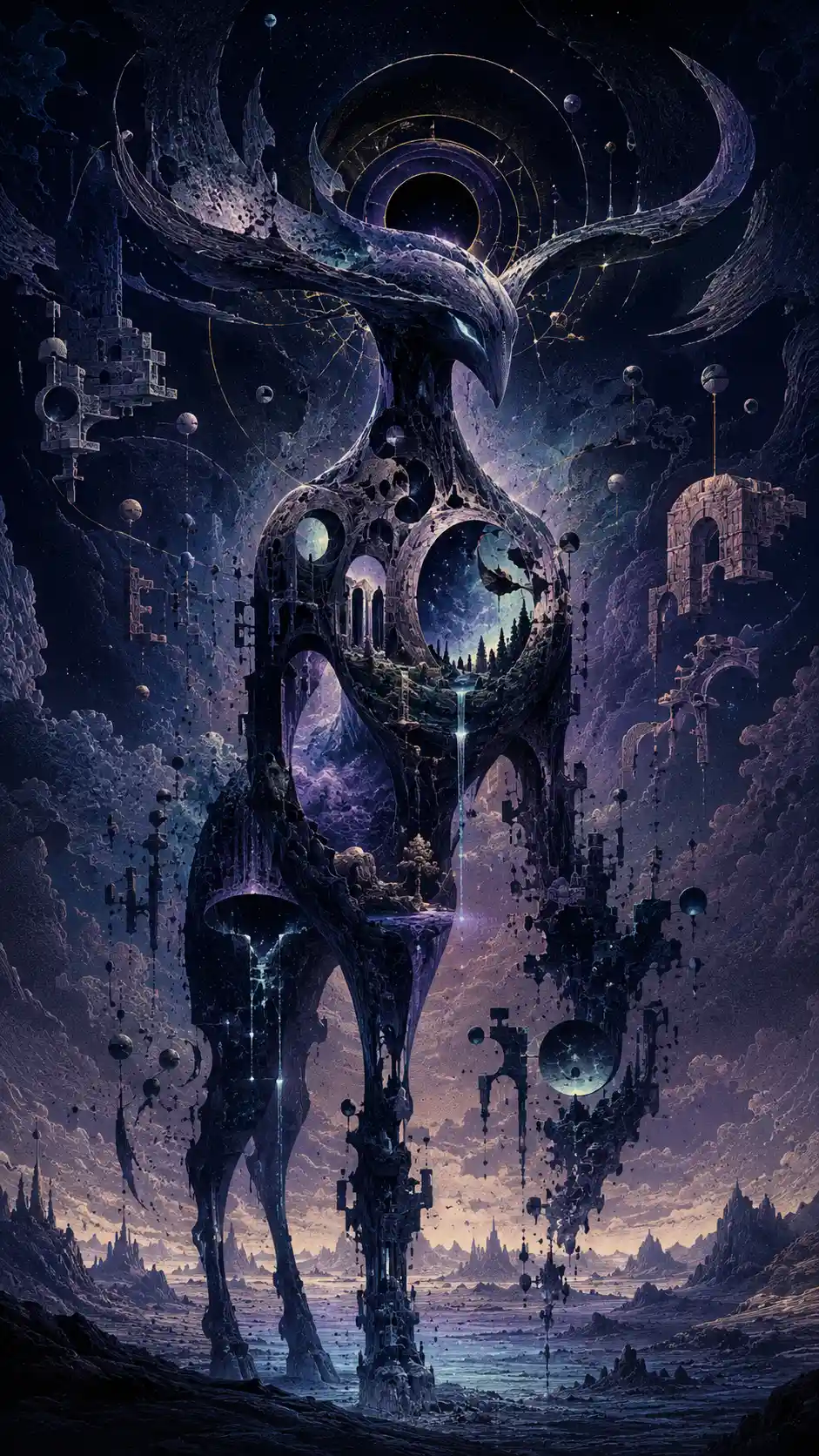 Surreal fantasy creature built from fragments of missing reality